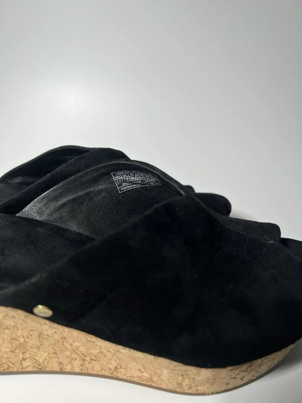 UGG Dominique Black Suede Cork Wedge Platform Slide Sandals Women’s 8.5